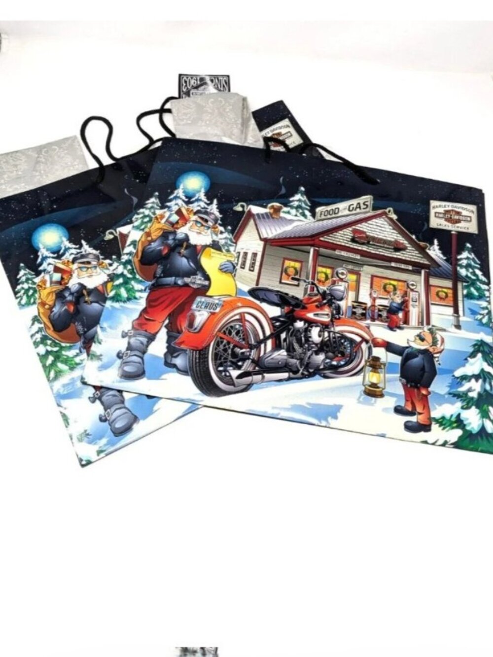 Harley Davidson Christmas Gift Bags 2013 Santa Gas Station Lot of 2 16x13x6 deep